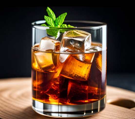 Ein Longdrink mit Whisky, Eis und Cola mit einem Minzblatt serviert
