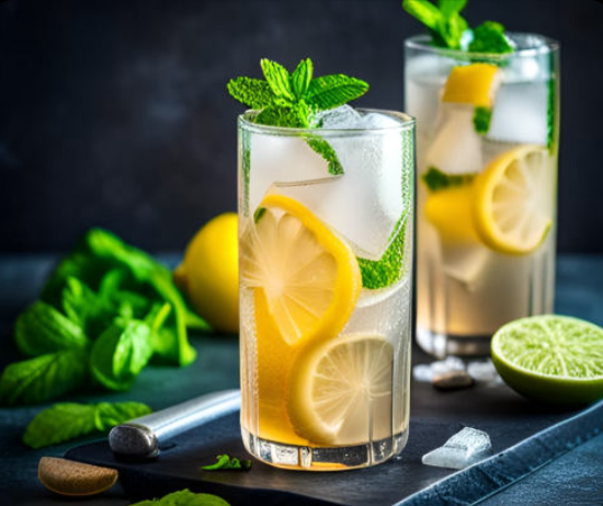 Leckerer Cocktail am Tresen mit Zitrone, Limette, Minze als Verzierung - Longdrink